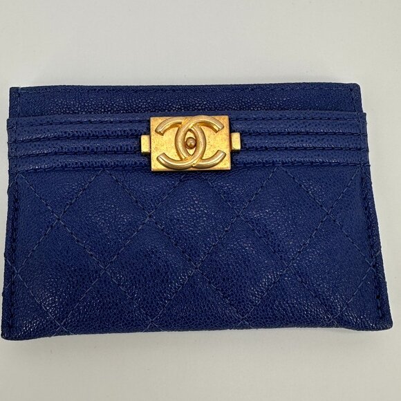 Chanel Blue Quilted Caviar Boy Card Case Wallet - Picture 1 of 6